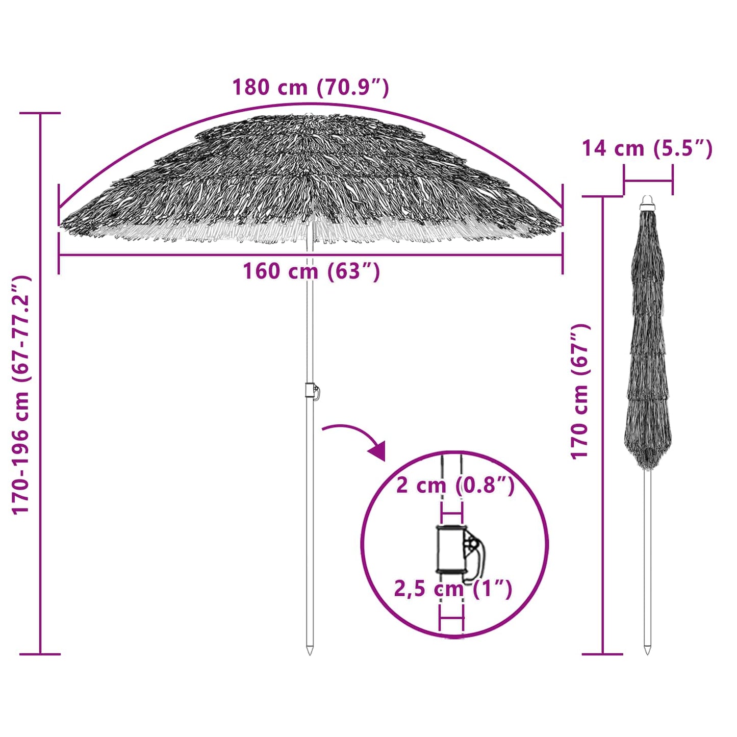 Beach Parasol 160 x 160 x 196 cm Polyester and Steel Natural