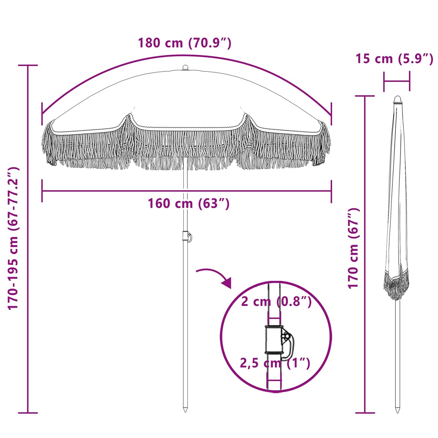 Beach Parasol 160 x 160 x 196 cm Polyester and Steel Round