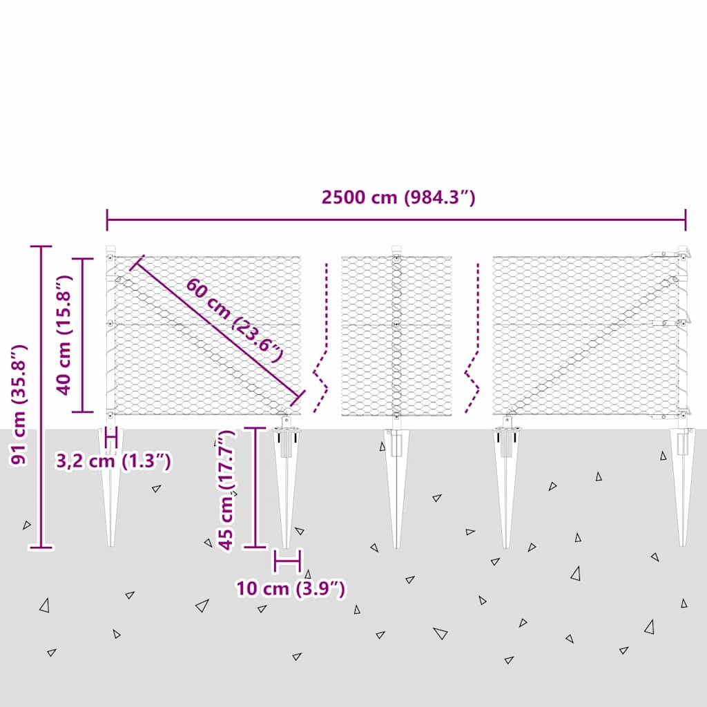 Hexagonal Fence with Post 25 x 0.4 m PVC-Coated Steel Grey Mesh