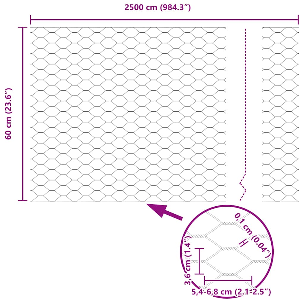 Hexagonal Fence with Post 25 x 0.6 m PVC-Coated Steel Grey Mesh
