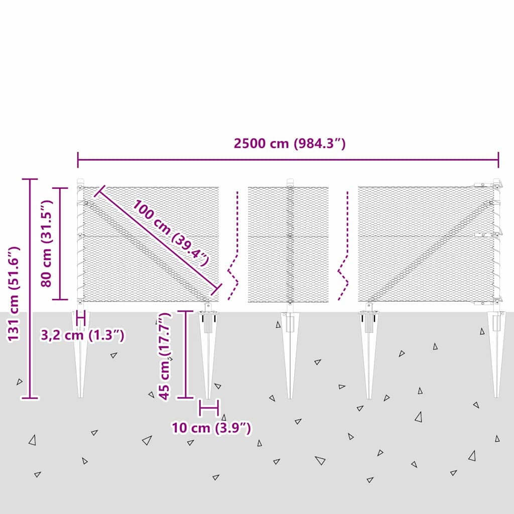 Hexagonal Fence with Post 25 x 0.8 m PVC-Coated Steel Grey Mesh
