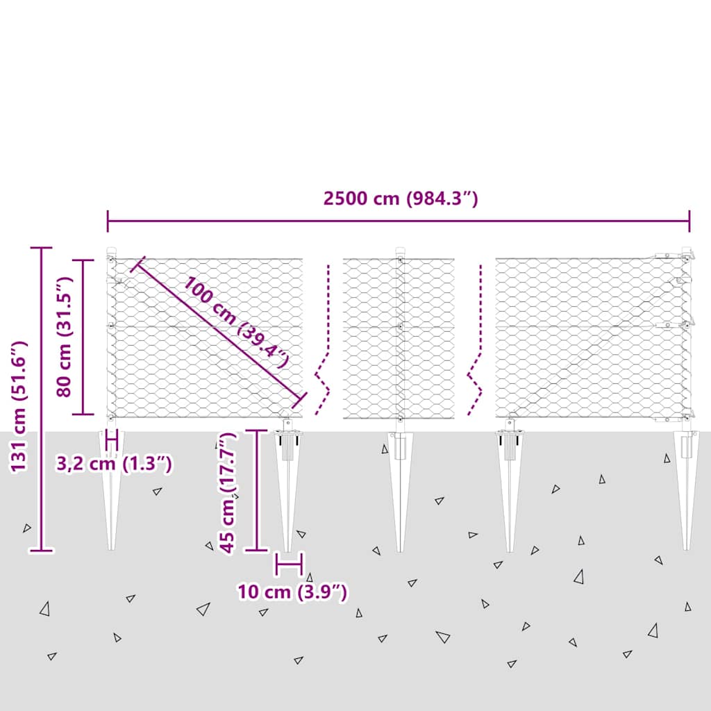 Hexagonal Fence with Post 25 x 0.8 m PVC-Coated Steel Grey Mesh