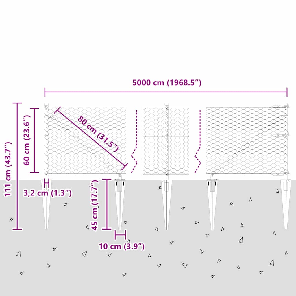Hexagonal Fence with Post 50 x 0.6 m PVC-Coated Steel Grey Mesh