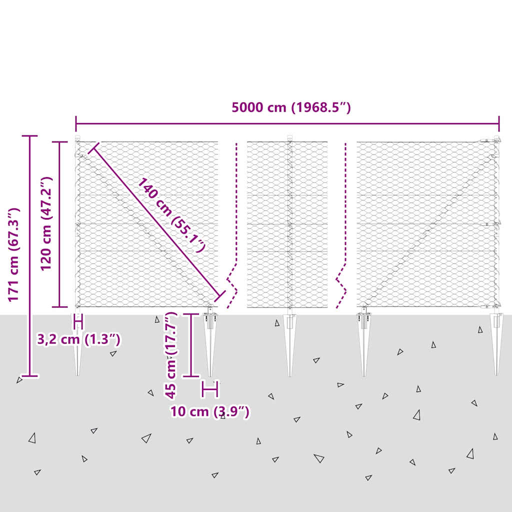 Hexagonal Fence with Post 50 x 1.2 m PVC-Coated Steel Grey Mesh