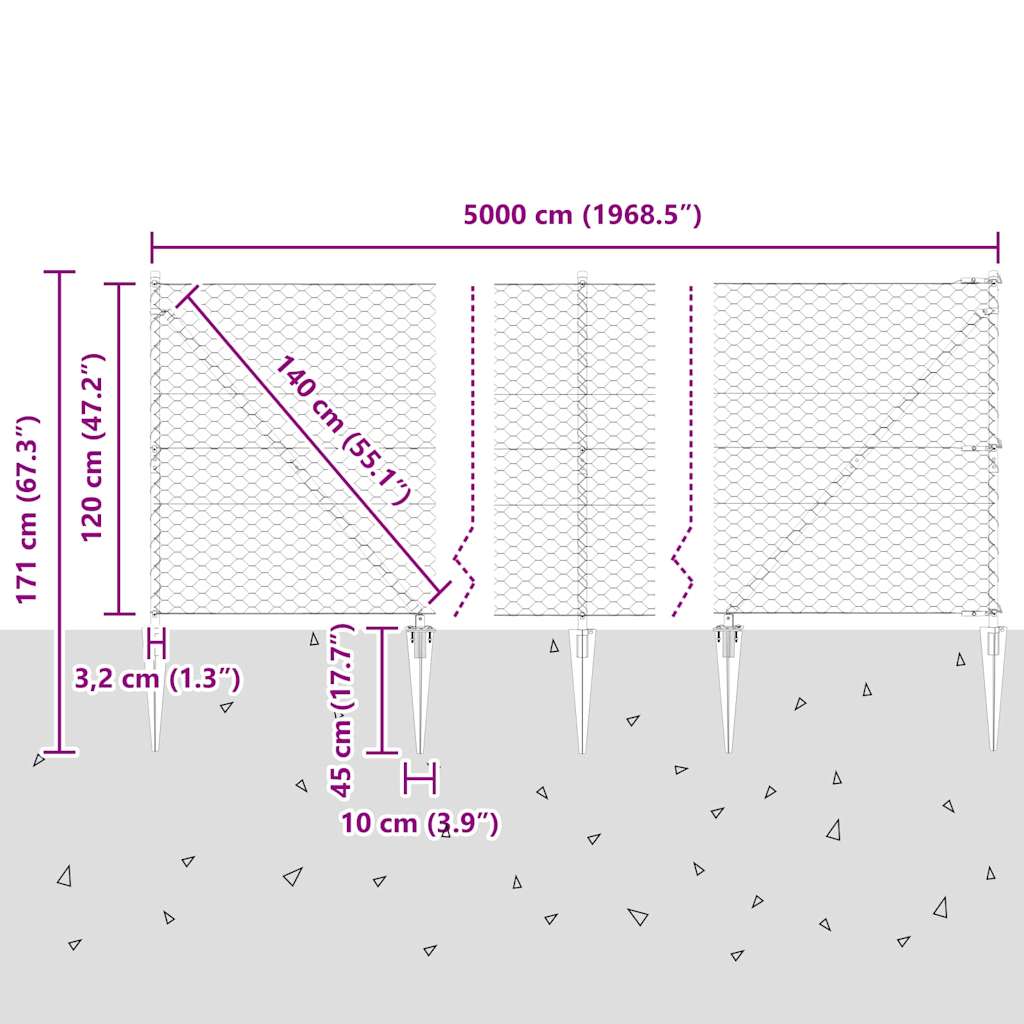 Hexagonal Fence with Post 50 x 1.2 m PVC-Coated Steel Grey Mesh