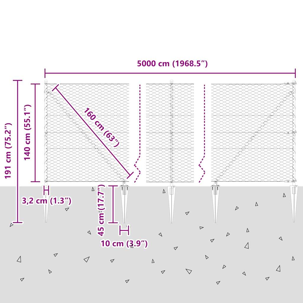 Hexagonal Fence with Post 50 x 1.4 m PVC-Coated Steel Grey Mesh