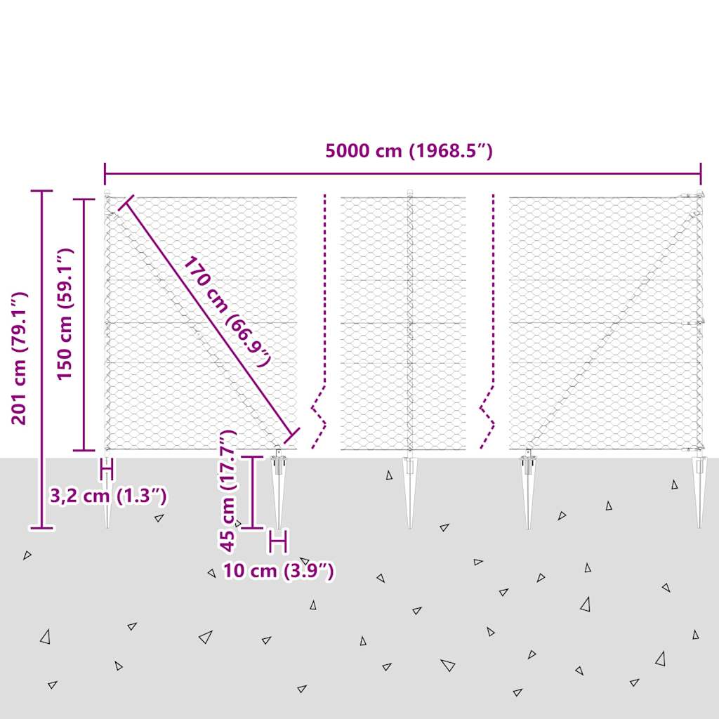 Hexagonal Fence with Post 50 x 1.5 m PVC-Coated Steel Grey Mesh