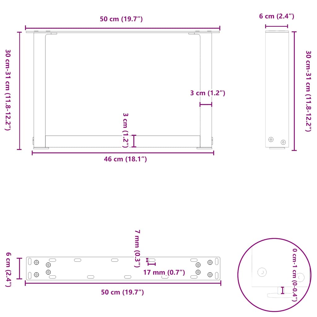 Coffee Table Legs U-Shaped 2 pcs Black 50x(30-31) cm Steel
