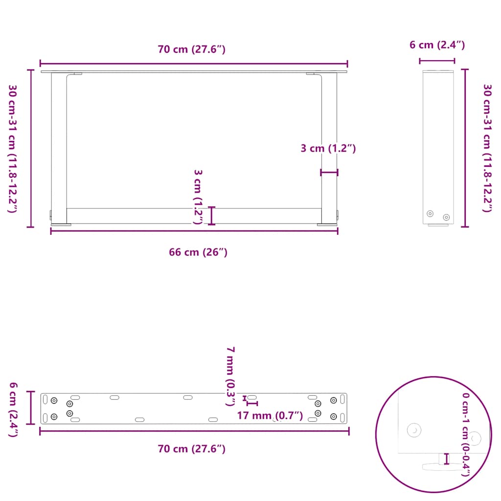 Coffee Table Legs U-Shaped 2 pcs Black 70x(30-31) cm Steel