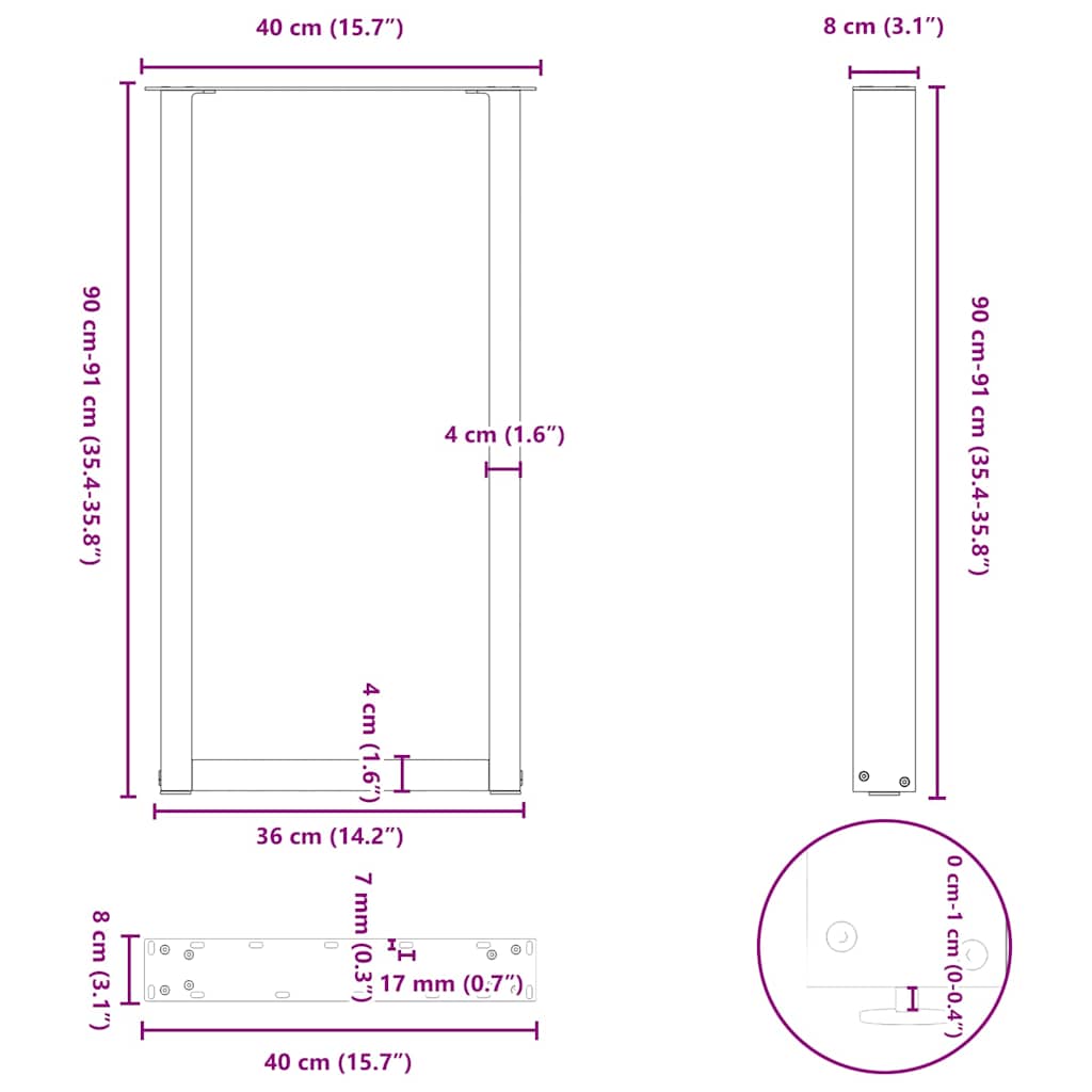 Bar Table Legs U-Shaped 2 pcs Black 40x(90-91) cm Steel