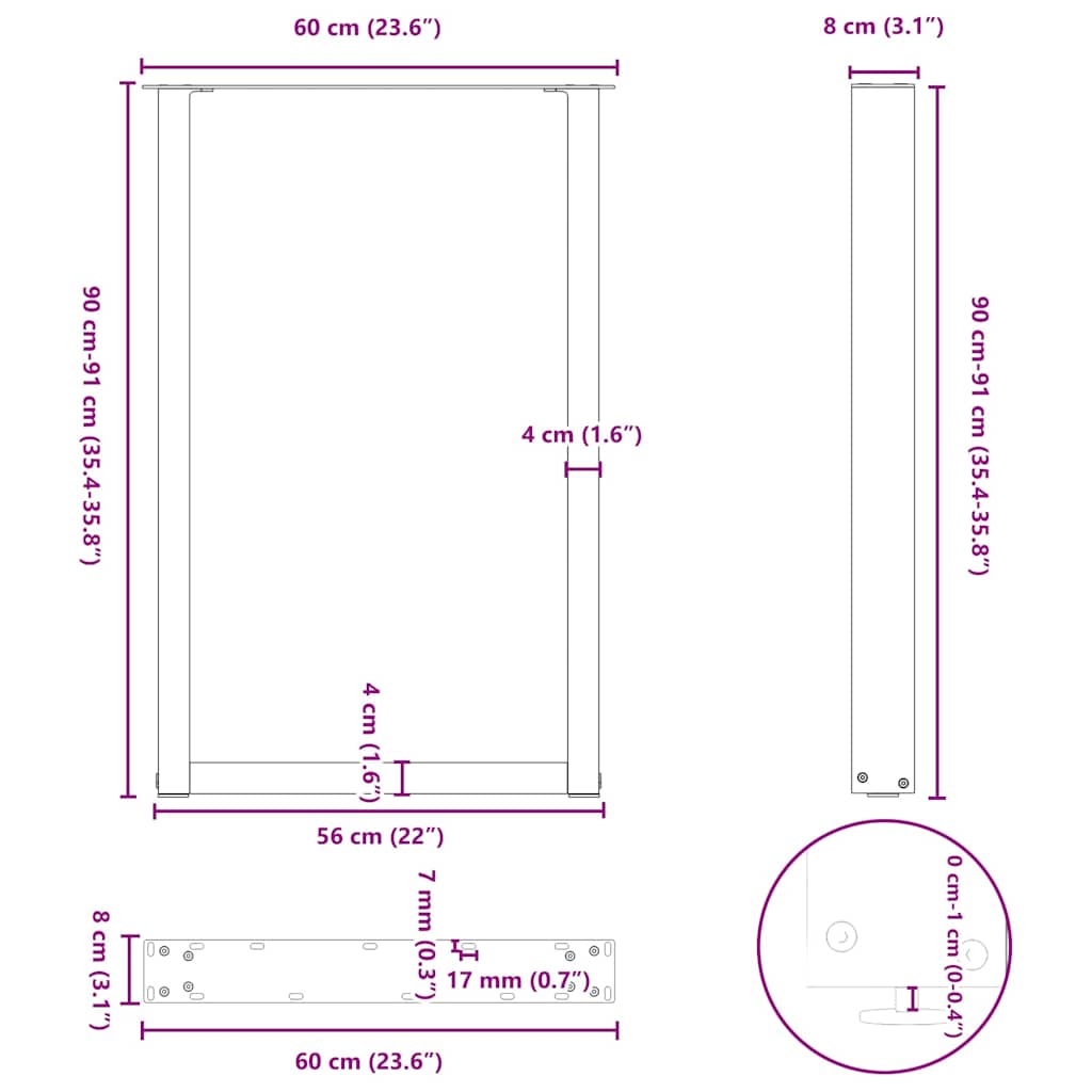 Bar Table Legs U-Shaped 2 pcs Natural Steel 60x(90-91) cm Steel