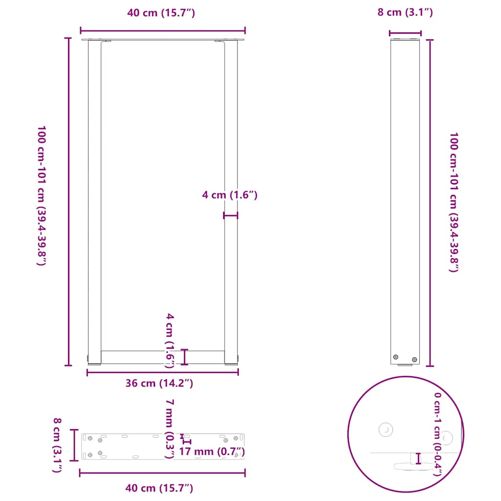 Bar Table Legs U-Shaped 2 pcs Natural Steel 40x(100-101) cm Steel