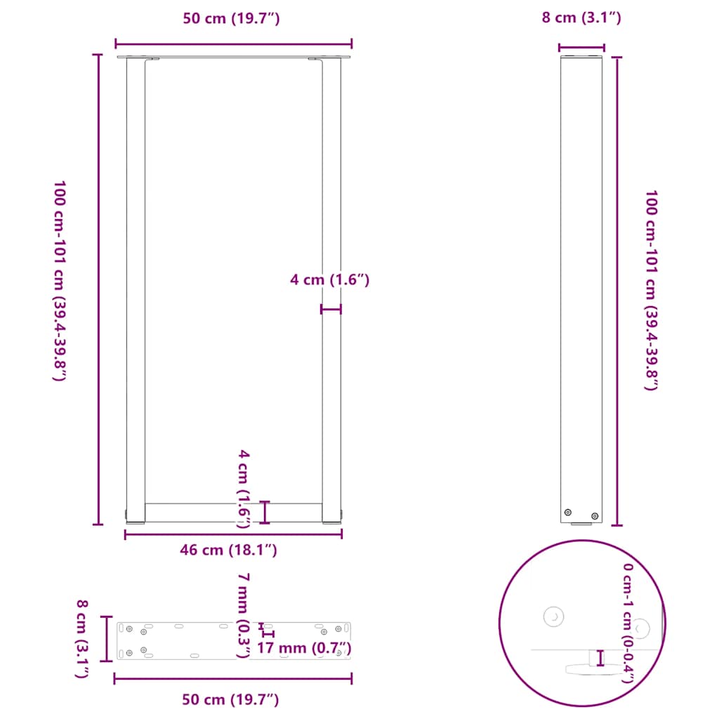 Bar Table Legs U-Shaped 2 pcs Natural Steel 50x(100-101) cm Steel