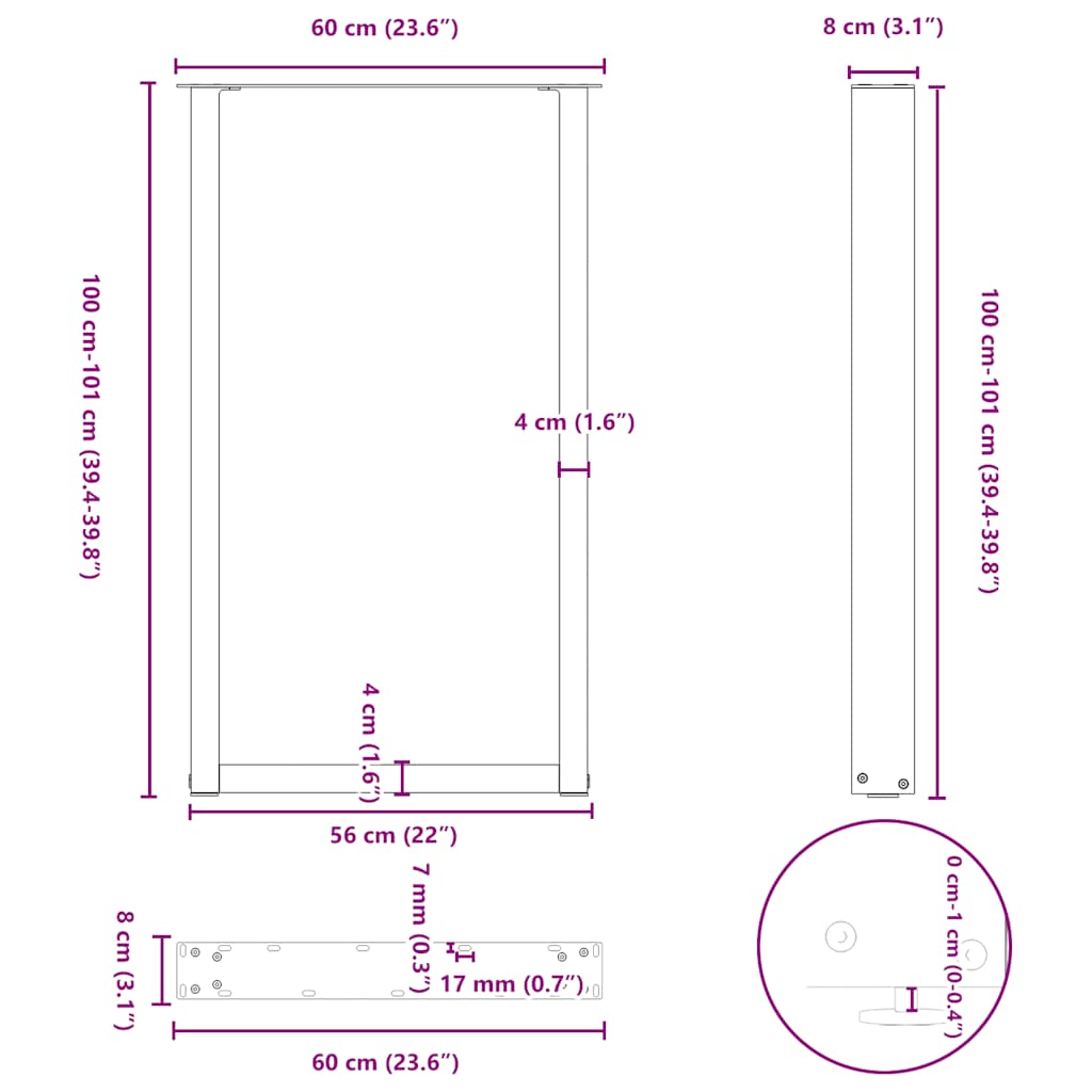 Bar Table Legs U-Shaped 2 pcs Black 60x(100-101) cm Steel