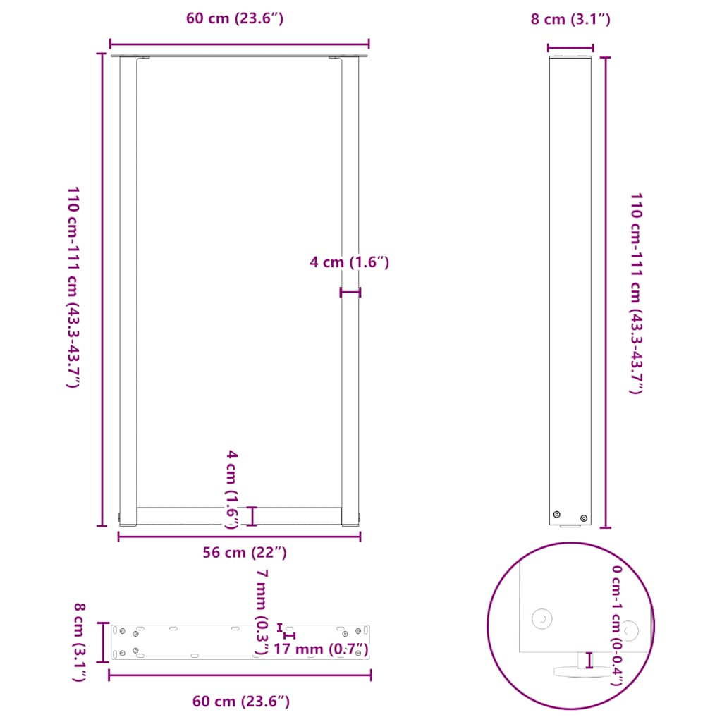 Bar Table Legs U-Shaped 2 pcs White 60x(110-111) cm Steel