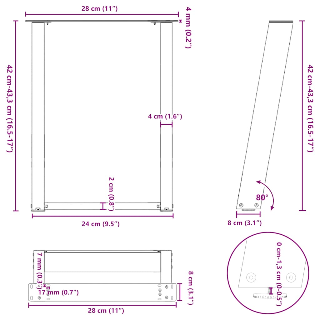 Coffee Table Legs U-Shaped 2 pcs Black 28x(42-43) cm Steel