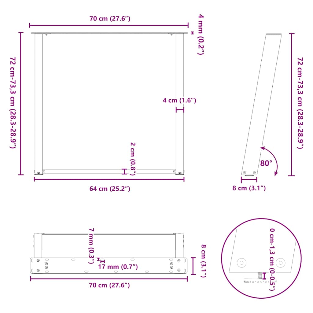 Dining Table Legs U-Shaped 2 pcs Natural Steel 70x(72-73) cm Steel