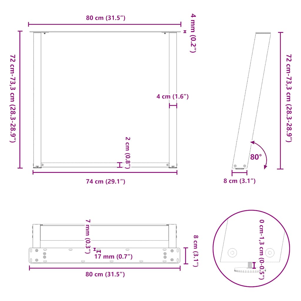 Dining Table Legs U-Shaped 2 pcs Natural Steel 80x(72-73) cm Steel