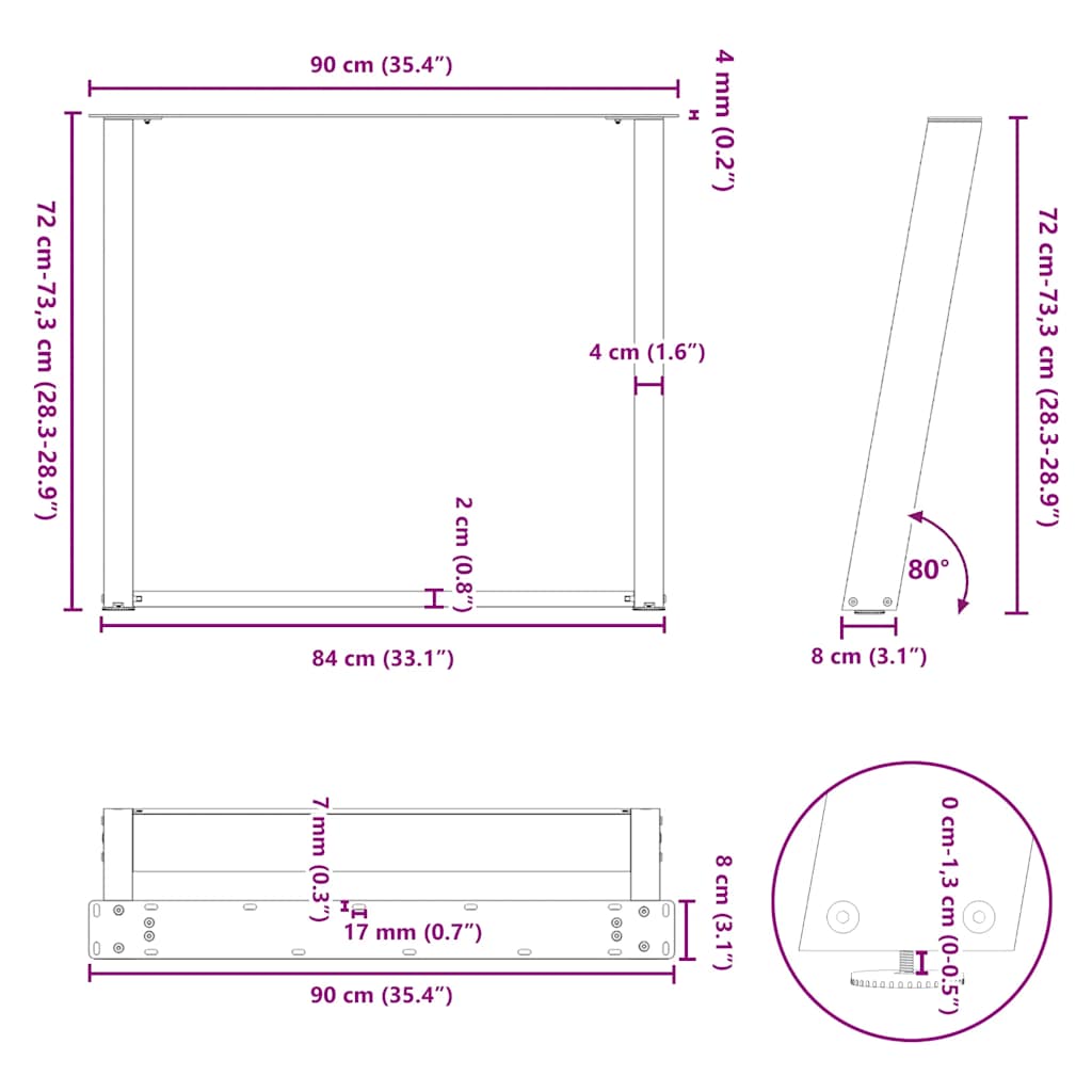 Dining Table Legs U-Shaped 2 pcs Natural Steel 90x(72-73) cm Steel