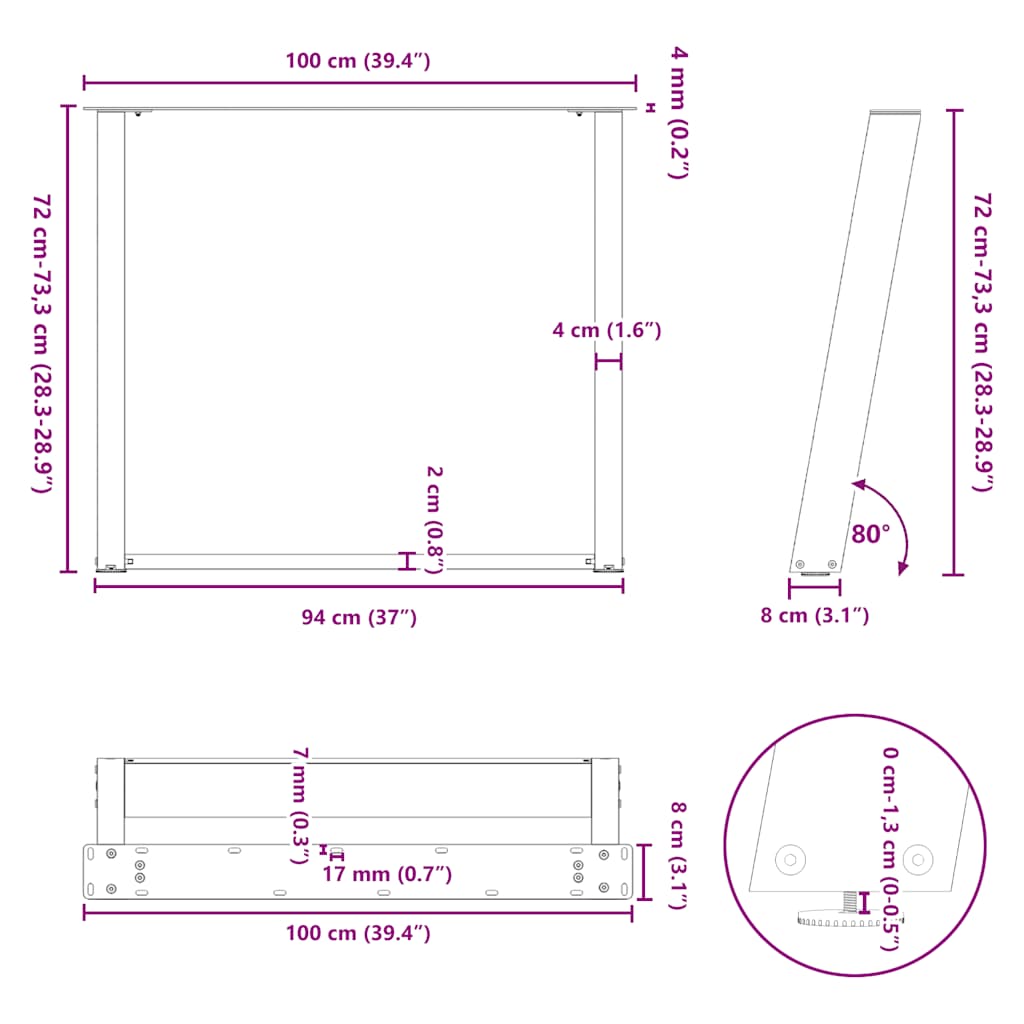 Dining Table Legs U-Shaped 2 pcs Natural Steel 100x(72-73) cm Steel