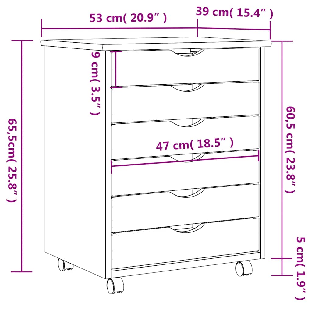 Rolling Cabinet with Drawers "MOSS" Honey Brown Solid Wood Pine