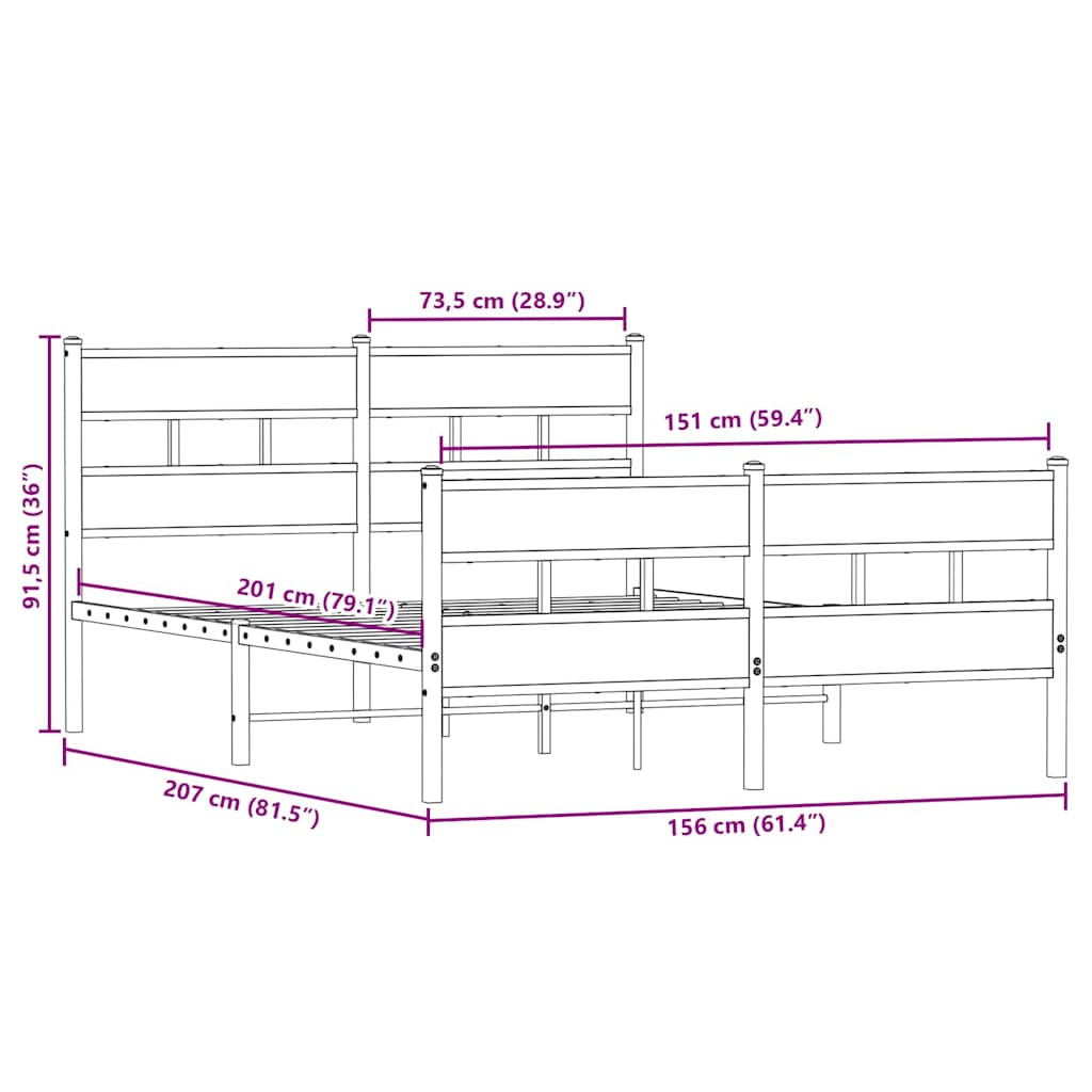 Metal Bed Frame without Mattress Sonoma Oak 150x200 cm King Size