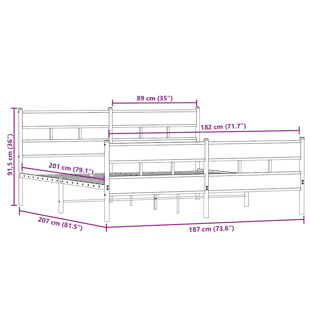 Metal Bed Frame without Mattress Sonoma Oak 180x200 cm Super King
