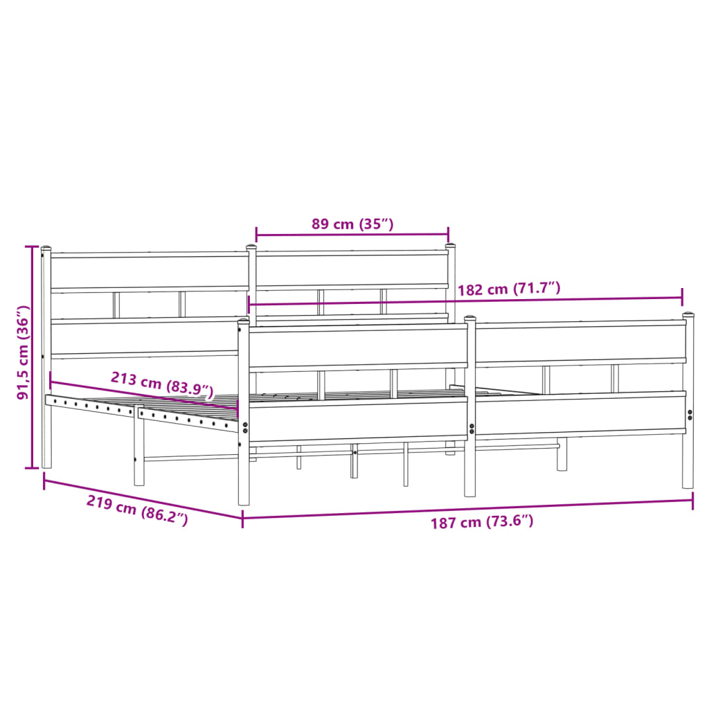 Metal Bed Frame without Mattress Sonoma Oak 183x213 cm
