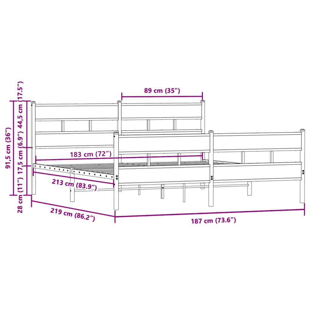 Metal Bed Frame without Mattress Brown Oak 183x213 cm