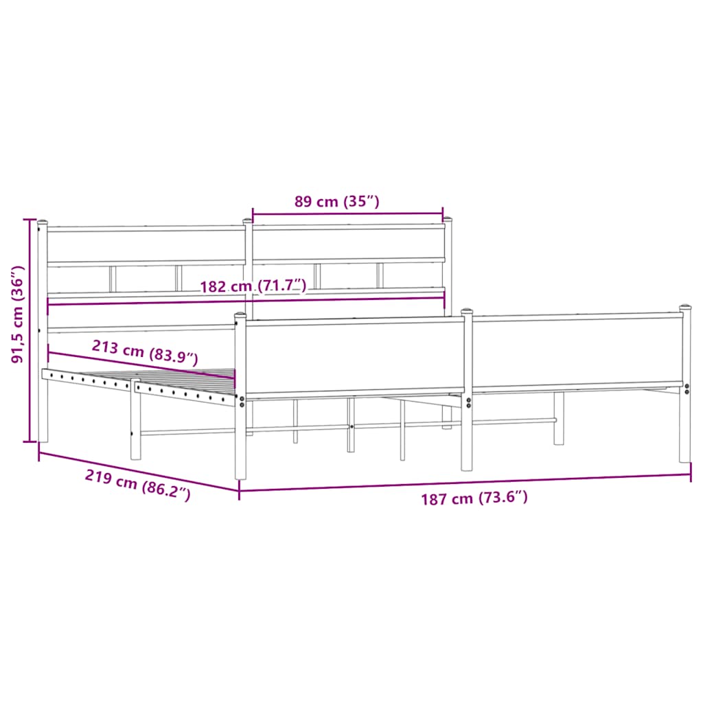 Metal Bed Frame without Mattress Smoked Oak 183x213 cm