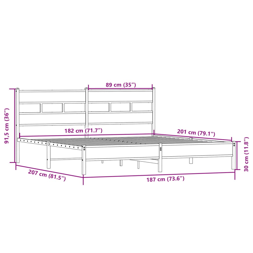 Metal Bed Frame without Mattress Sonoma Oak 180x200 cm Super King