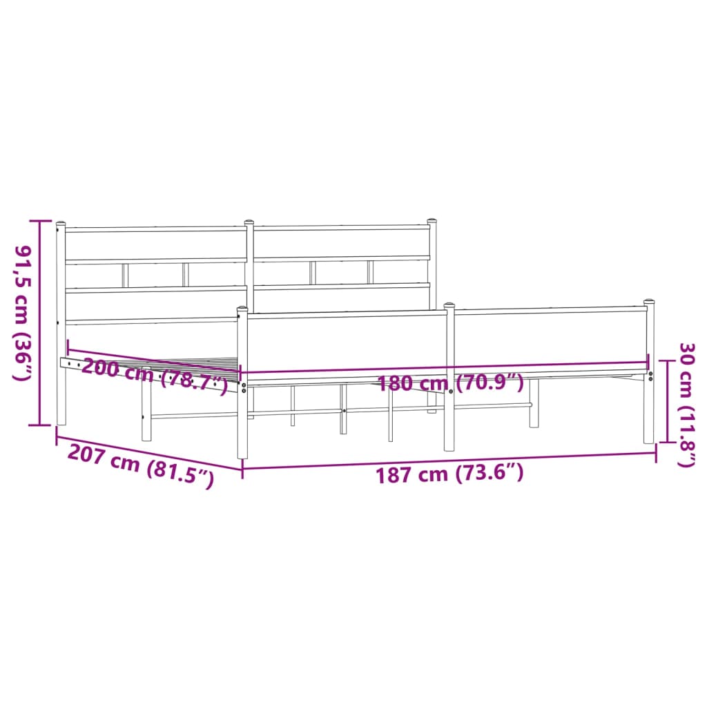 Metal Bed Frame without Mattress Brown Oak 180x200 cm Super King
