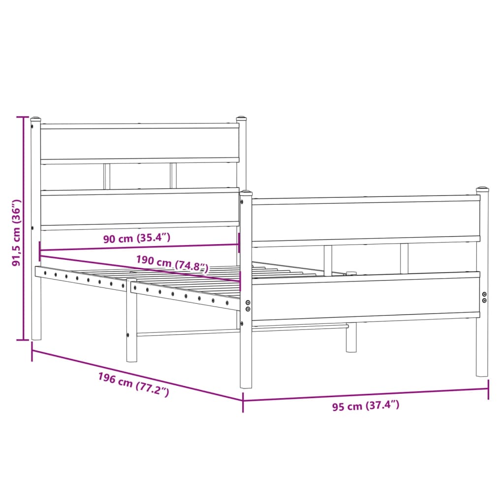 Metal Bed Frame without Mattress Smoked Oak 90x190 cm Single