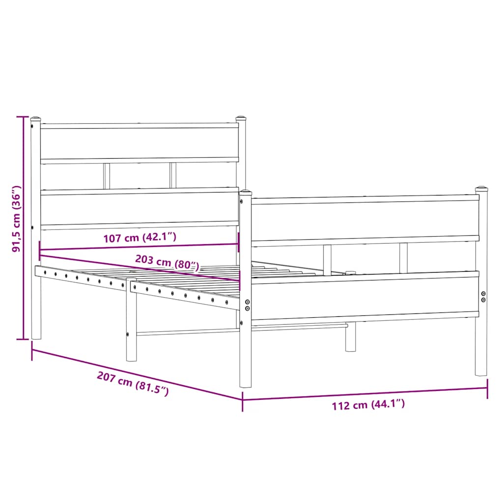 Metal Bed Frame without Mattress Smoked Oak 107x203 cm