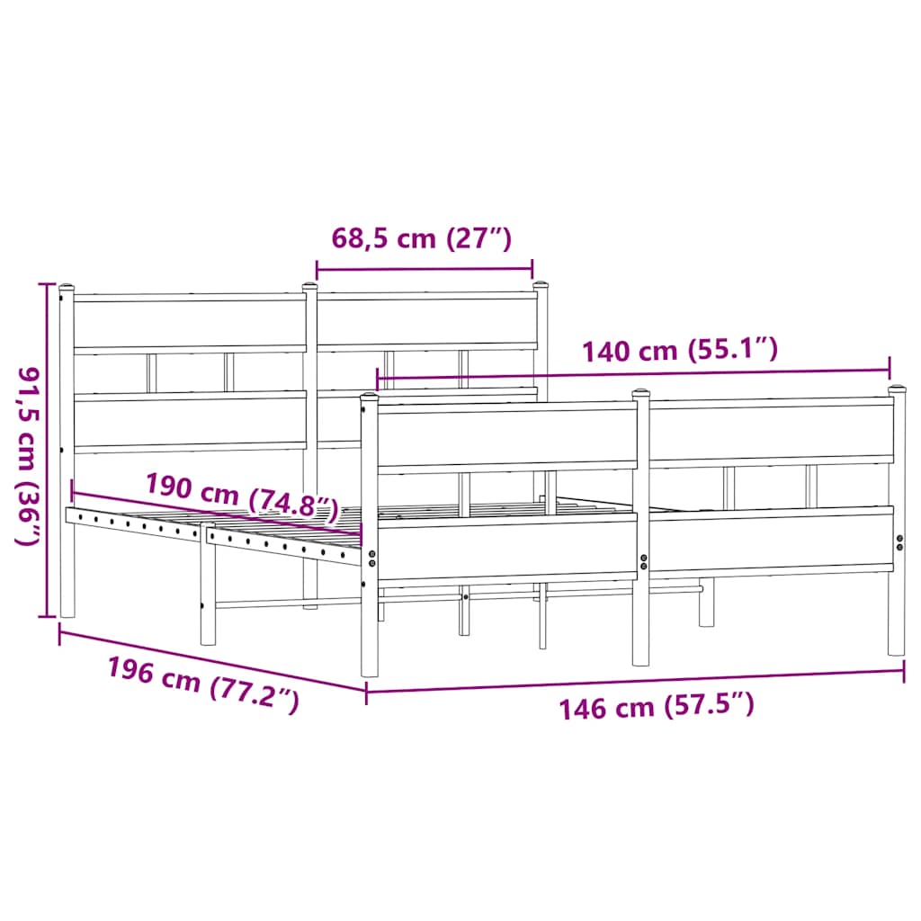 Metal Bed Frame without Mattress Smoked Oak 140x190 cm
