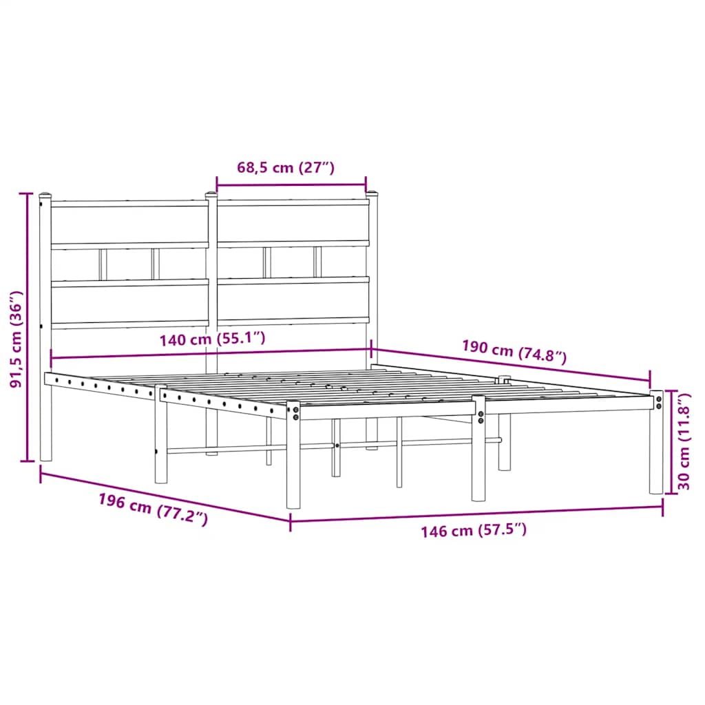 Metal Bed Frame without Mattress Sonoma Oak 140x190 cm