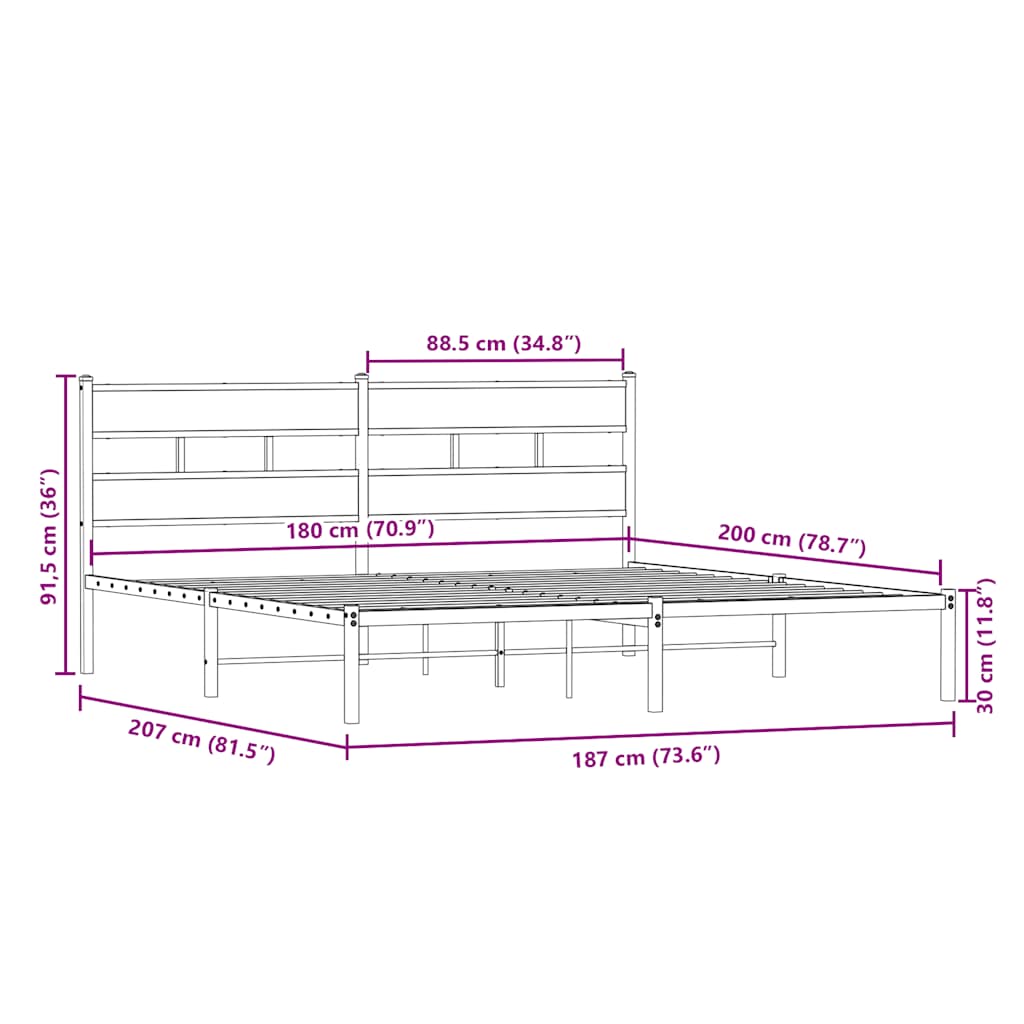 Metal Bed Frame without Mattress Sonoma Oak 180x200 cm Super King