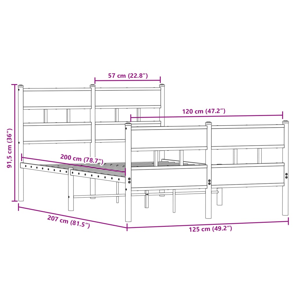Metal Bed Frame without Mattress Sonoma Oak 120x200 cm