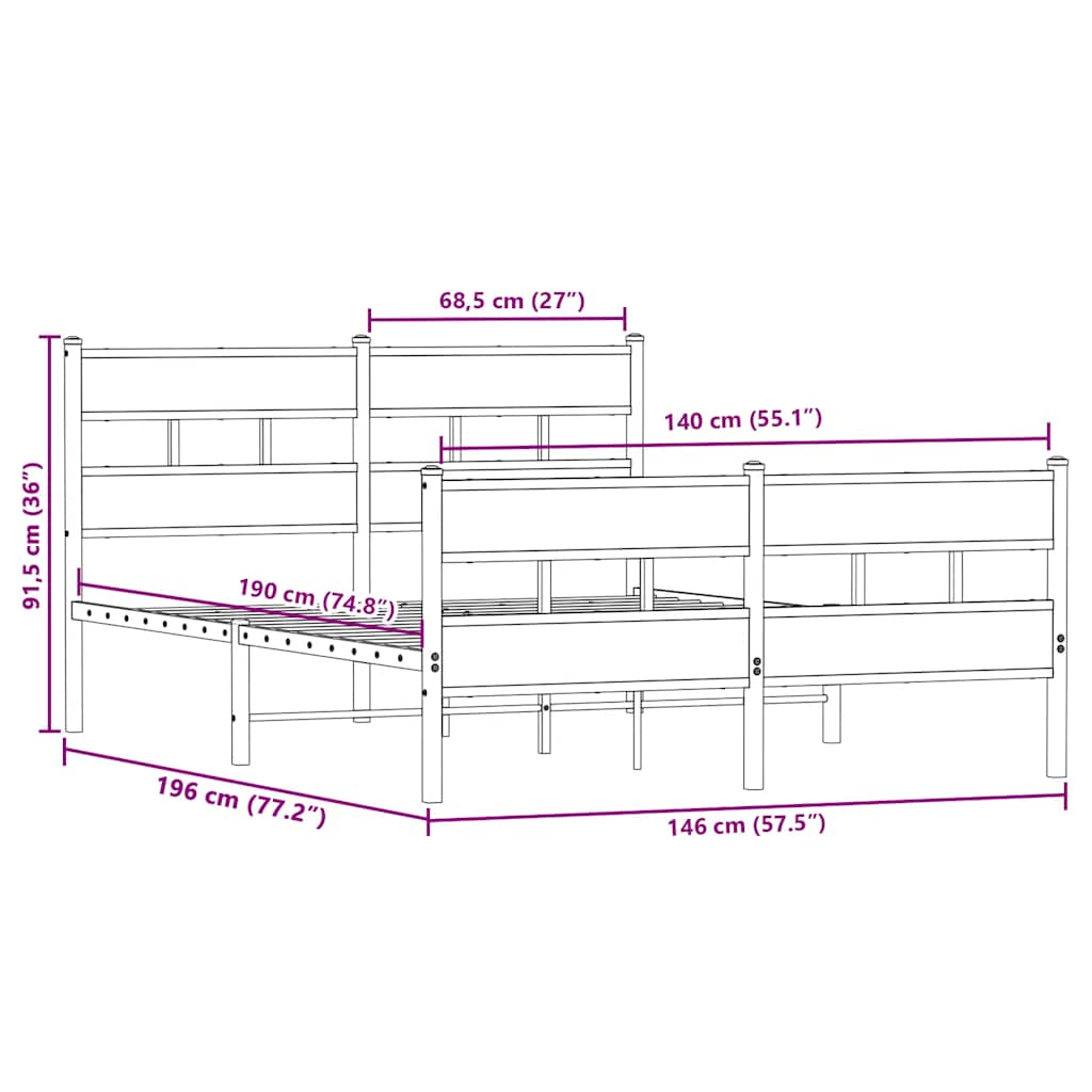 Metal Bed Frame without Mattress Sonoma Oak 140x190 cm