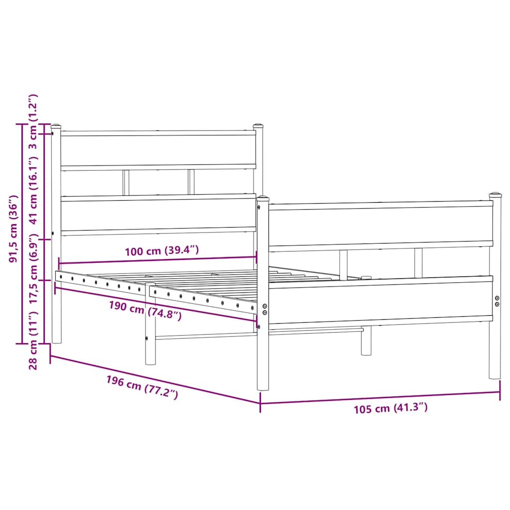 Bed Frame without Mattress with Headboard and Footboard 100x190 cm