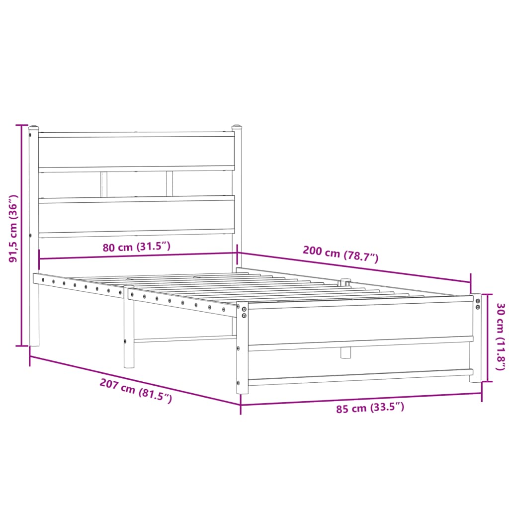 Metal Bed Frame without Mattress Smoked Oak 80x200 cm