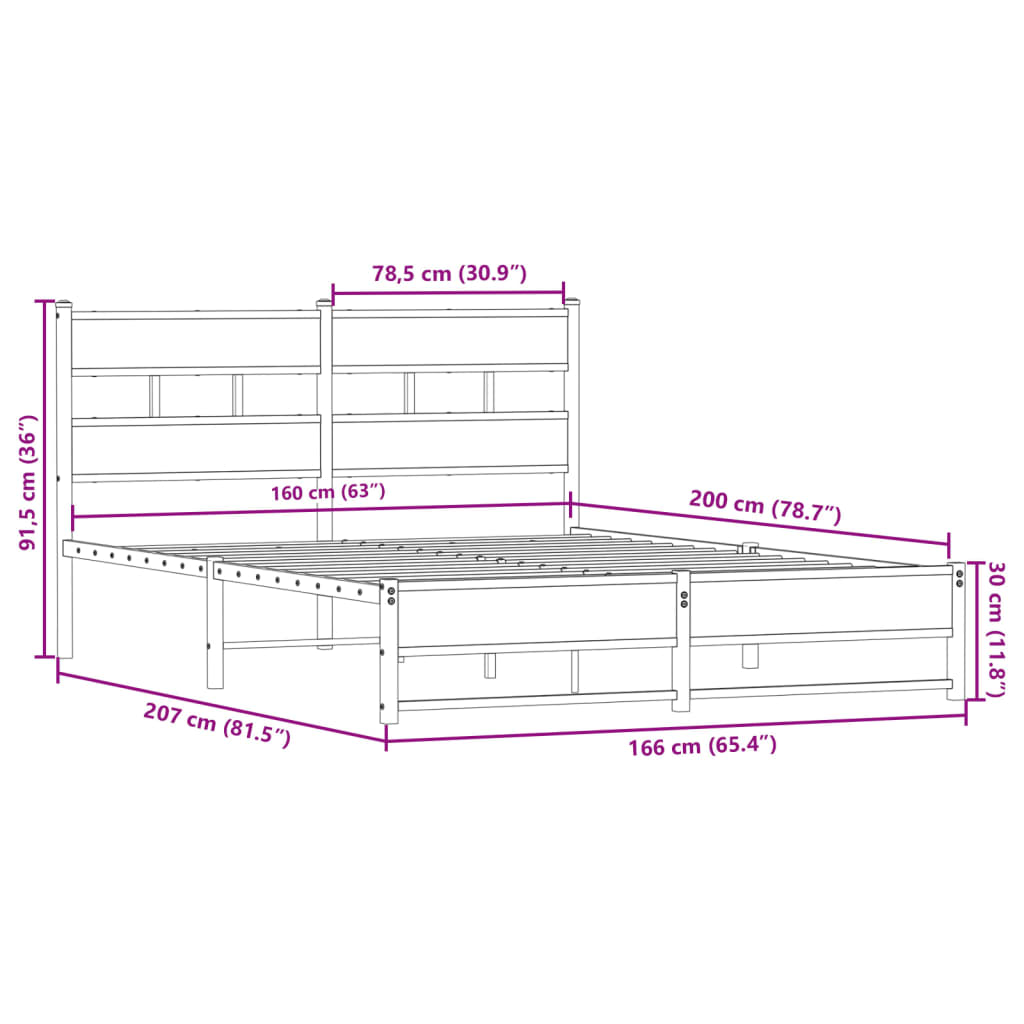 Metal Bed Frame without Mattress Smoked Oak 160x200 cm