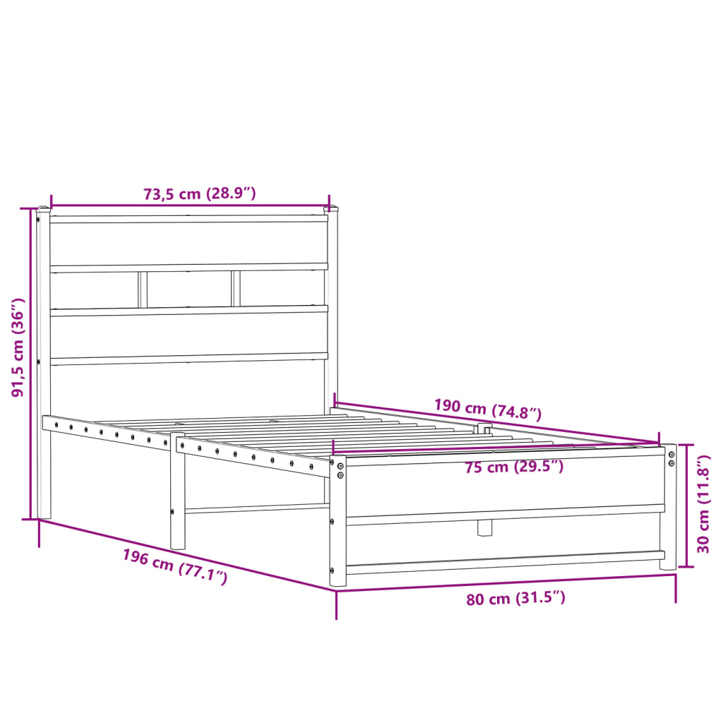Metal Bed Frame without Mattress Sonoma Oak 75x190 cm Small Single
