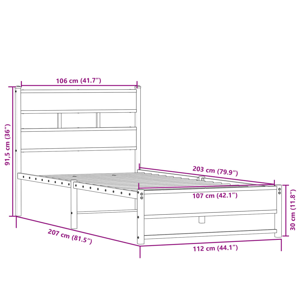 Metal Bed Frame without Mattress Sonoma Oak 107x203 cm