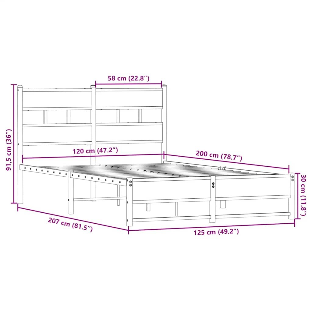 Metal Bed Frame without Mattress Sonoma Oak 120x200 cm