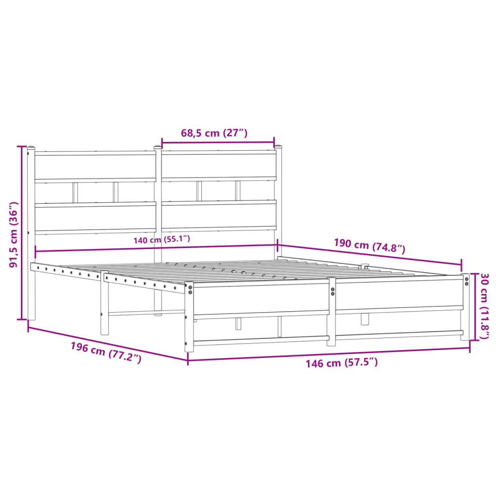Metal Bed Frame without Mattress Sonoma Oak 140x190 cm