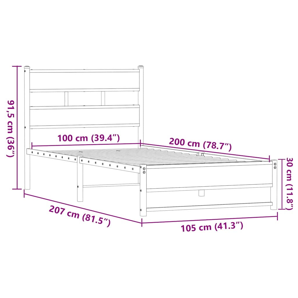 Metal Bed Frame without Mattress Brown Oak 100x200 cm