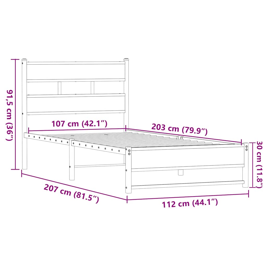 Metal Bed Frame without Mattress Brown Oak 107x203 cm