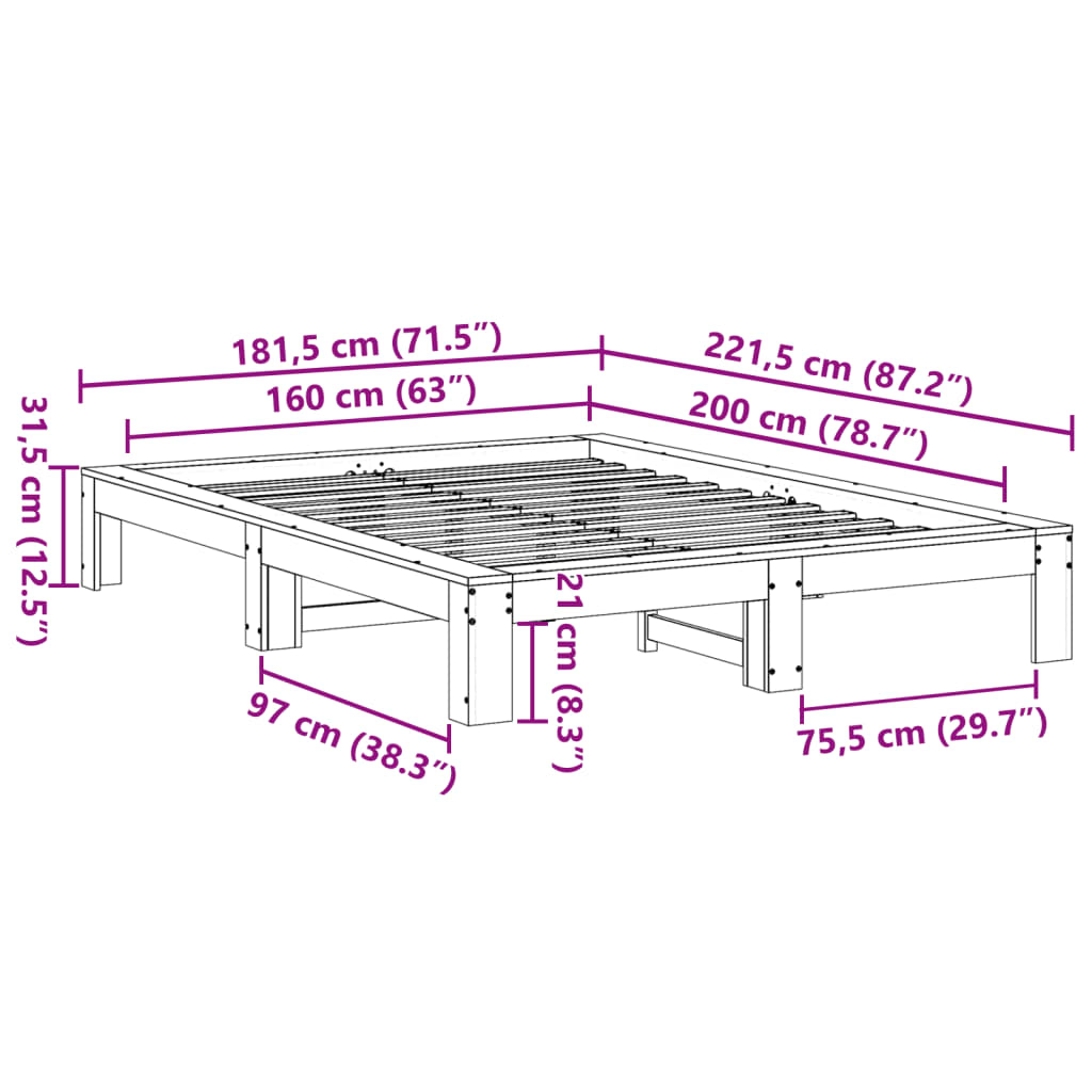 Bed Frame without Mattress Wax Brown 160x200 cm Solid Wood Pine