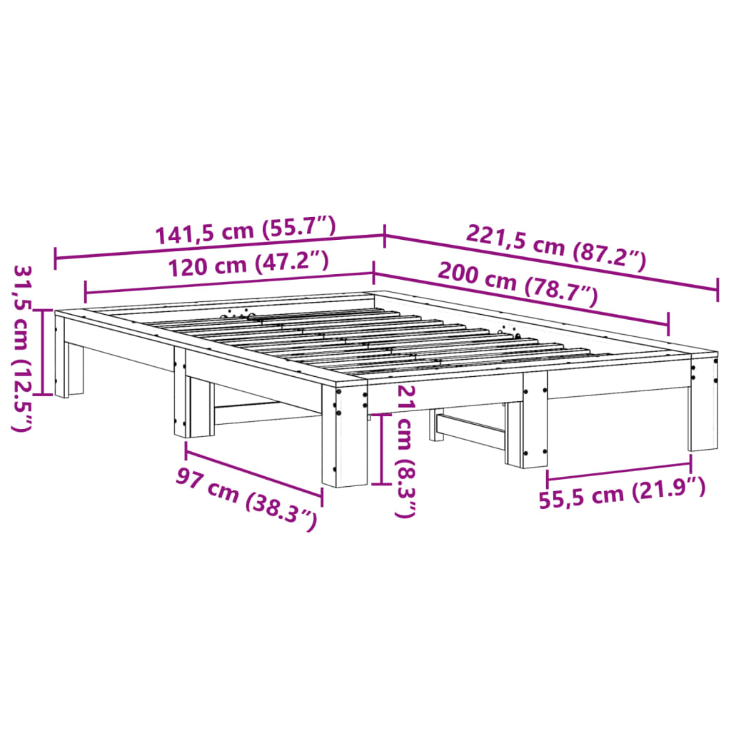 Bed Frame without Mattress White 120x200 cm Solid Wood Pine